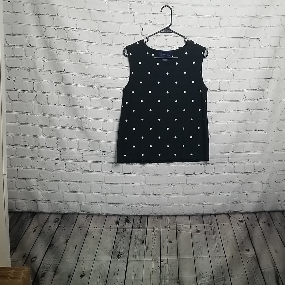 Charter Club Black White Polka Dot Crew Neck Sleeveless Top Large